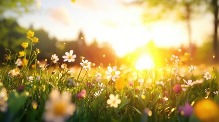 Fototapeta premium Beautiful Vibrant Wildflowers at Sunrise with Soft Sunlight and Nature Background