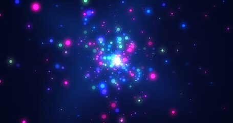 Particle light ray blast through screen 3d effect.Light flare burst effect galaxy nebula cloud.Bang glittering fantasy magical shimmering dust fly through overlay template.Universe black hole opening.