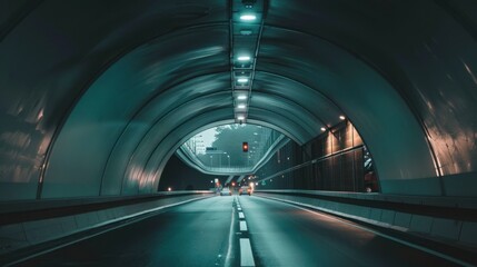 Tunnel interior with lights, road, traffic, and exit view.