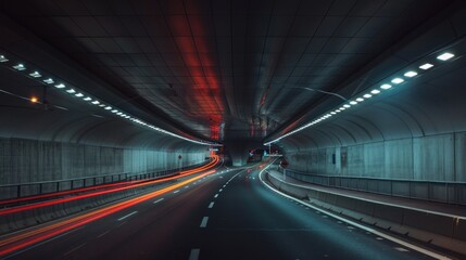 Urban tunnel at night with traffic light trails.