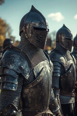 Fototapeta premium Medieval knight wearing chainmail armor and helmet and other warriors in background. Army of soldiers ready for battle
