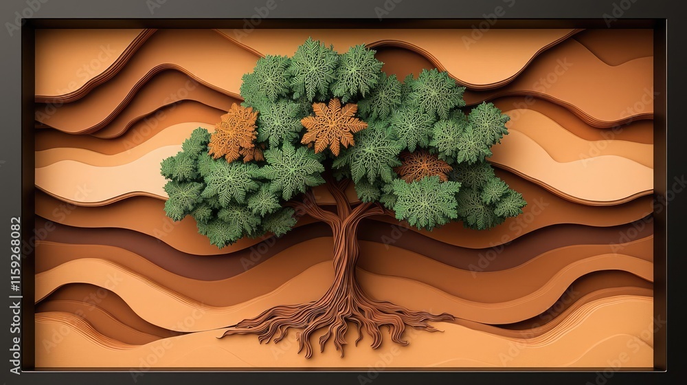 Poster maple tree abstract background concept. a vibrant paper art tree design with layered textures and co