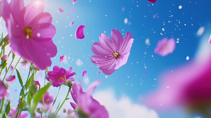 Bright Pink Flowers Under Clear Blue Sky with Falling Petals and Sunlight Glow