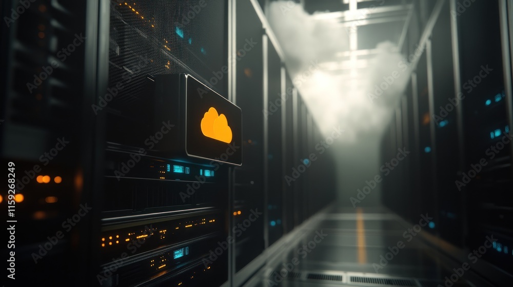 Poster cloud computing data center: server room with cloud icon