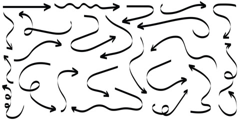 Collection of line arrows. Set simple curved hand drawn arrows. Collection of pointers.