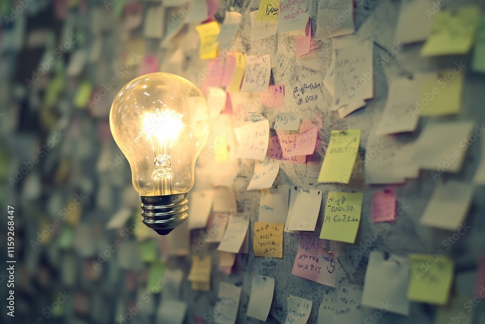 Poster a light bulb hanging from a wall with colorful post-it notes