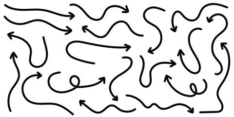 Collection of line arrows. Set simple curved hand drawn arrows. Collection of pointers.