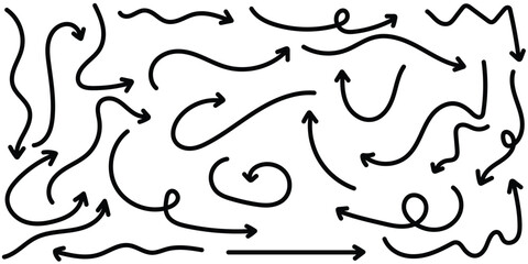 Collection of line arrows. Set simple curved hand drawn arrows. Collection of pointers.