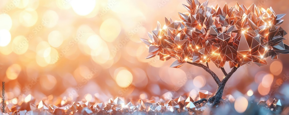 Poster mahogany tree abstract background idea. a glittering tree created from crystals, surrounded by shimm