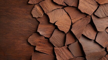 Fototapeta premium Mahogany tree abstract background idea. A beautiful arrangement of rich brown wood pieces showcasing natural textures.