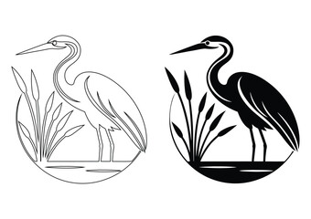 Obraz premium heron silhouette and line art isolated on white