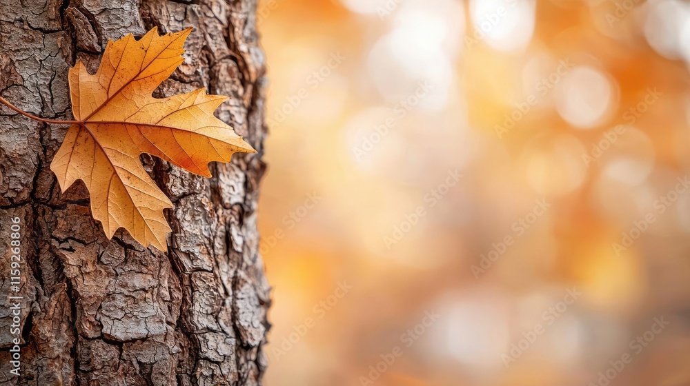 Poster maple tree abstract background concept. close-up of a golden leaf on a textured tree bark with a blu