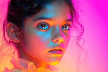 Young Girl Portrait Neon Light Vibrant Colors