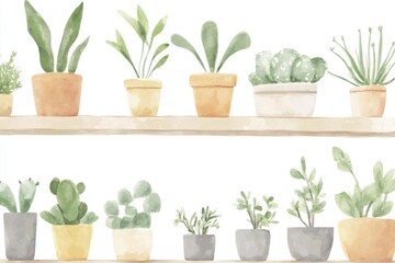 Fototapeta premium A collection of potted plants arranged on a shelf, perfect for decorating indoor spaces or offices