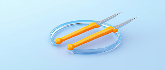 Modern orange and blue tools on a glass surface.