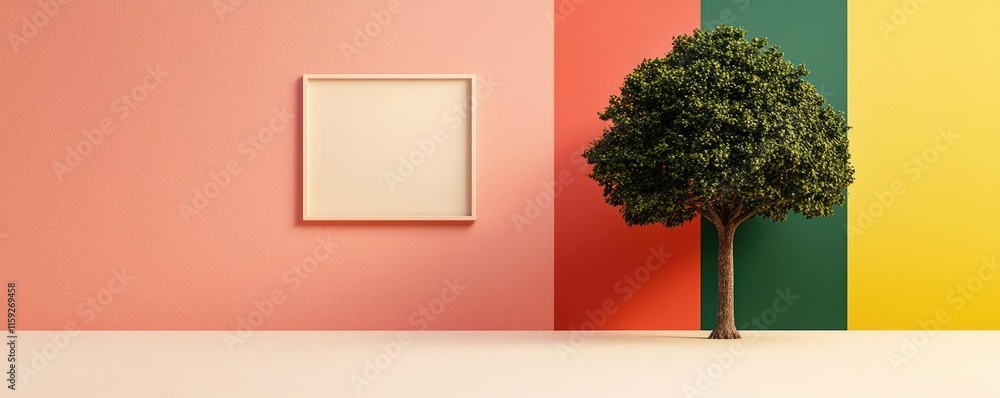 Poster oak tree abstract background idea. a vibrant room with colorful walls featuring a tree and an empty 