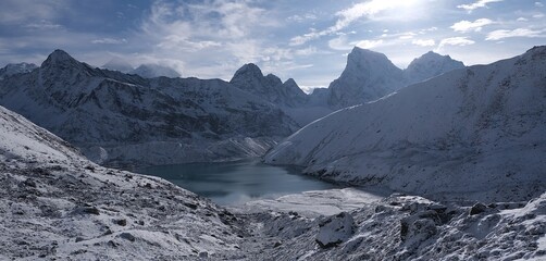 Amazing winter scenery of Himalaya panorama from route to Renjo La Pass. Gokyo settlement by lake and Mount Everest on horizon. Sagarmatha National Park, Himalayas, Nepal