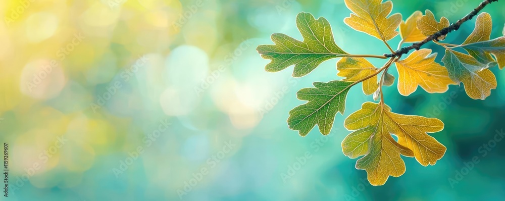 Poster oak tree abstract background idea. a vibrant oak leaf branch with soft bokeh background, showcasing 