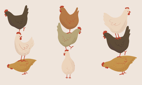 Adorable Chickens Compositions on a Light Background. Farm Animals Nursery Wall Art. Hand Drawn Vector Illustration.	