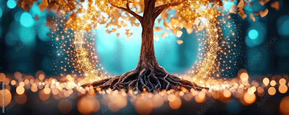 Poster oak tree abstract background idea. a magical tree glowing with golden leaves and sparkling roots in 