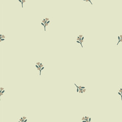 Seamless pattern with white wildflower. Vector botanical floral pastel green background. Delicate floral and herb illustration.