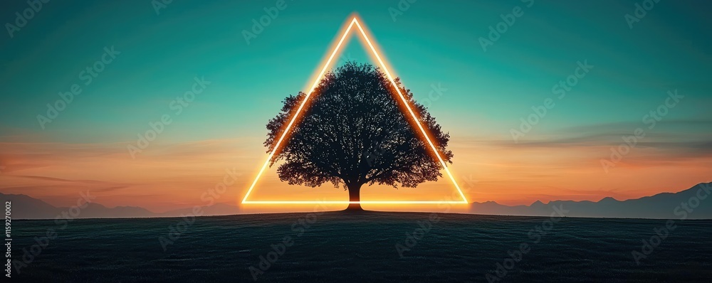 Poster oak tree abstract background idea. stunning tree silhouette framed by a glowing triangular light at 
