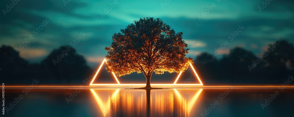 Poster oak tree abstract background idea. a surreal tree with glowing triangle shapes at dusk, reflecting o