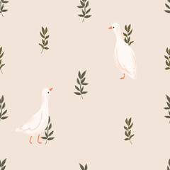 Seamless pattern with goose and floral. Vector farm animals background. Hand drawn goose illustration. © jenteva