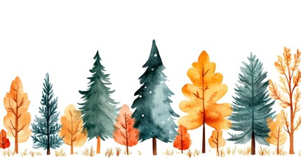 Obraz premium Colorful watercolor trees in autumn colors, white isolated background.
