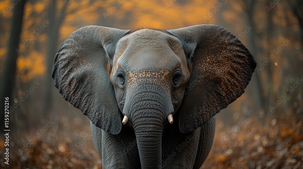 Poster an elephant with tusks making its way through a dense forest, perhaps searching for food or shelter