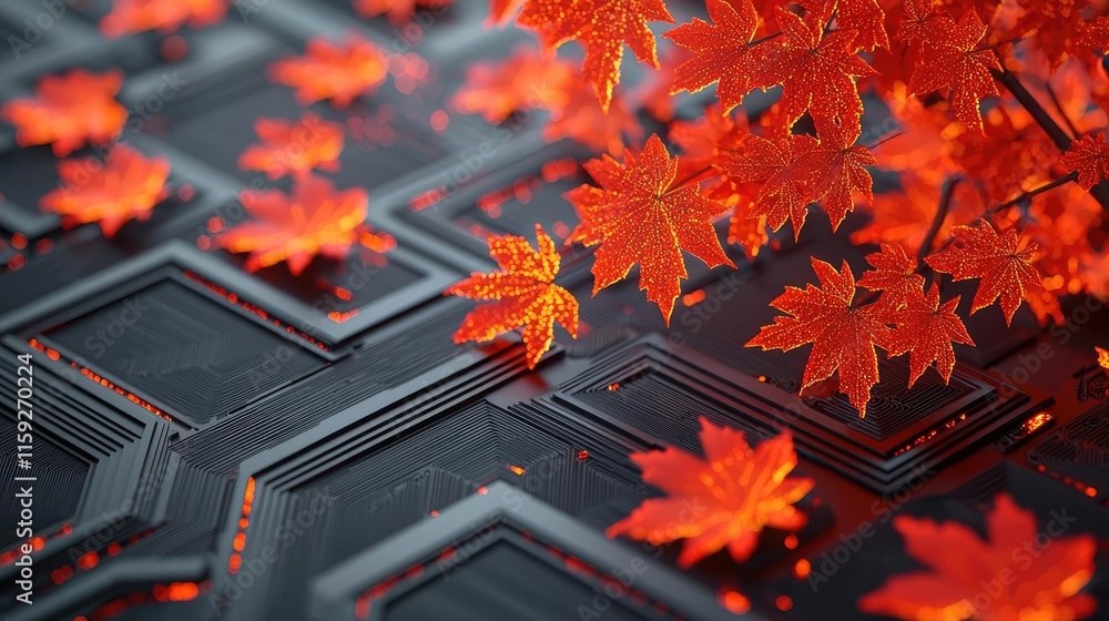 Poster maple tree abstract background concept. vibrant red maple leaves on a textured black surface create 