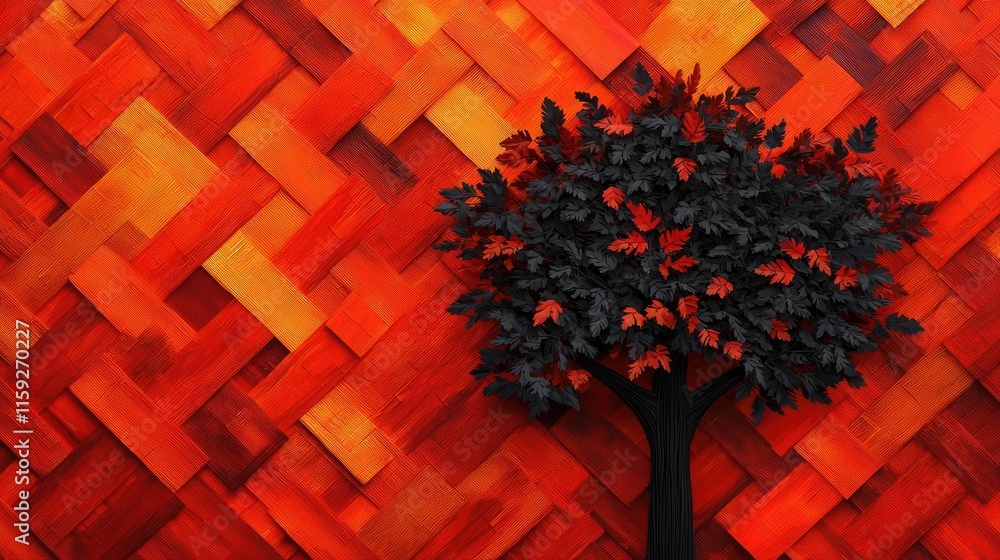 Poster maple tree abstract background concept. a striking red and black tree design against a vibrant geome