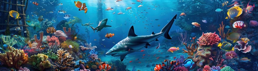Obraz premium Coral reef with sharks, fish, and sunlight.