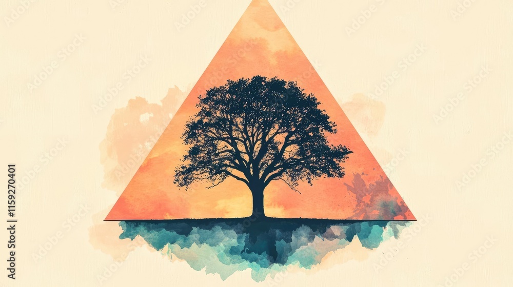 Poster oak tree abstract background idea. a beautiful tree within a geometric triangle, showcasing nature a