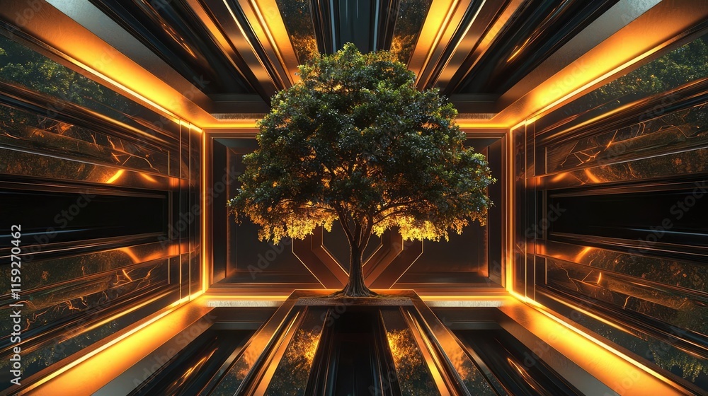 Poster mahogany tree abstract background idea. a stunning tree illuminated by golden light in a modern, fut