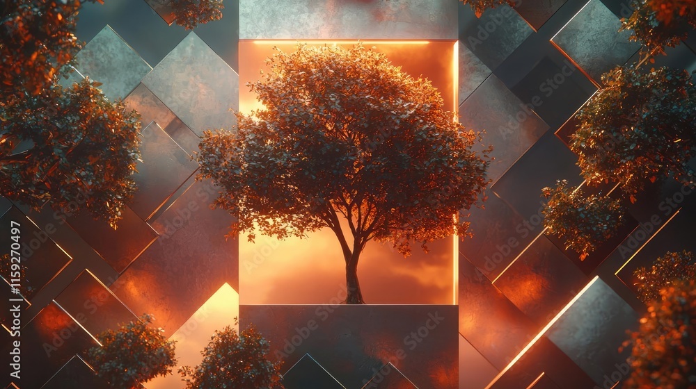Aufkleber mahogany tree abstract background idea. a vibrant tree framed by geometric patterns and warm light, 