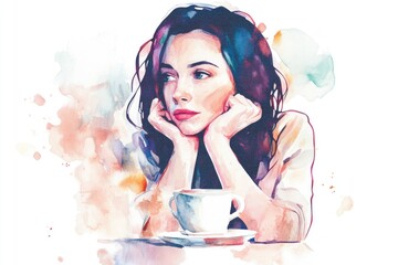 A woman sits alone at a table with a cup of coffee, enjoying her morning moment
