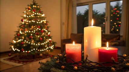 Burning candles on the background of a Christmas tree in a cozy living room.