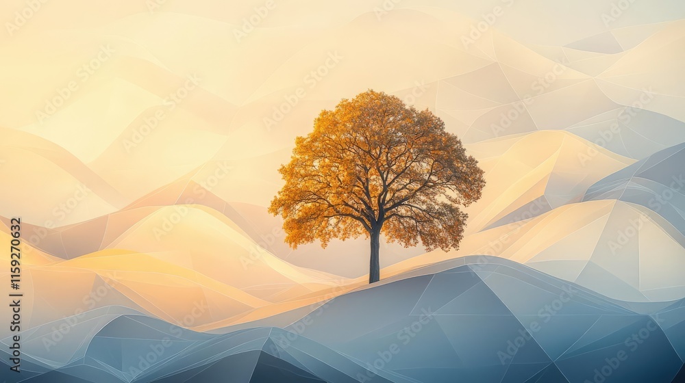 Poster oak tree abstract background idea. beautiful solitary tree surrounded by soft colorful waves of ligh