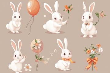 A group of cute white rabbits with distinct facial expressions, perfect for use in illustrations, advertising, or entertainment projects