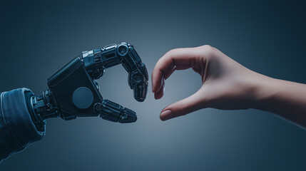 Robotic and Human Hands Forming Heart Shape Symbolizing Futuristic Collaboration and Technological Bond on Gray Background