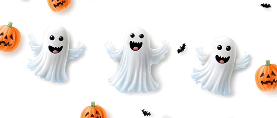 Fototapeta premium Colorful Halloween decorations with cute ghosts, pumpkins, and bats on white background.
