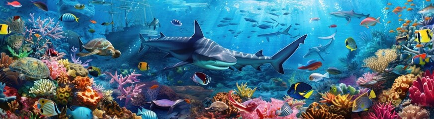 Coral reef ecosystem with fishes, shark and turtle in turquoise sea.
