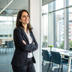 Approachable Woman Standing with Poise in a Modern Office