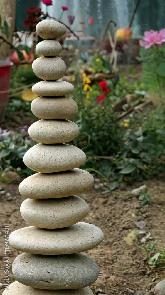 Poster stacked stones create a serene structure in a vibrant garden setting during a sunny afternoon