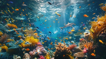 Fototapeta premium Undersea scene with abundant coral, fish, and sharks.
