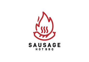 hot sausage with fire grill logo design concept