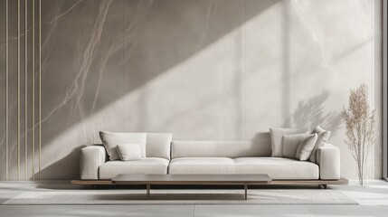 Clean minimalist living room design with minimal furniture. Featuring a spacious layout and modern lines