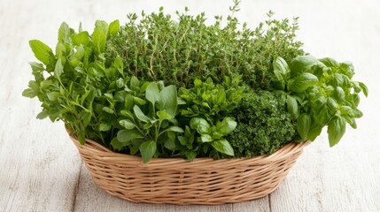 Naklejka premium Fresh Herbs in a Minimalist Basket on a Light Table