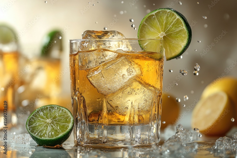 Poster a refreshing drink garnished with citrusy lime slices on a bed of ice